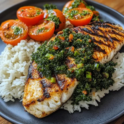 Grilled Red Snapper with Chimichurri with Rice, Charred Kale, & Roasted Tomatoes