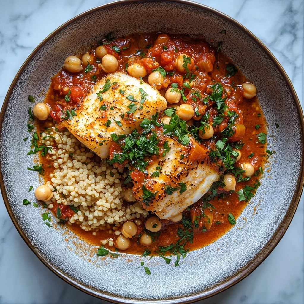 p8 Cod in Spicy-Moroccan Tomato Sauce with Couscous & Marinated Chickpeas - Image 1