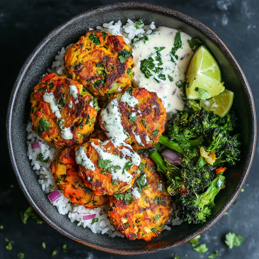 p8 Curried Vegetable Fritters and Coconut Lime Sauce with Garlic Broccoli & Coconut Rice - Image 1